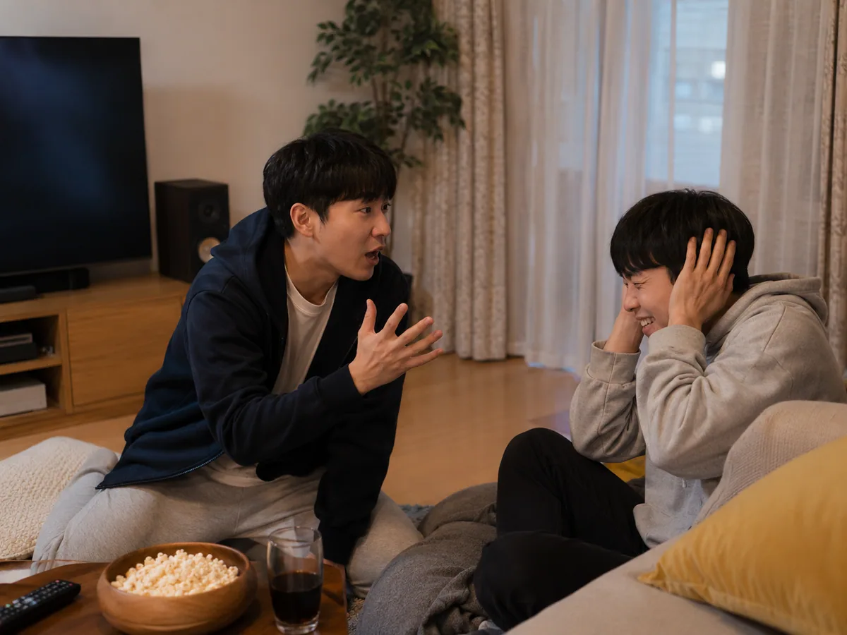 영화 결말을 말하려는 친구 옆에서 귀를 막으며 웃는 친구