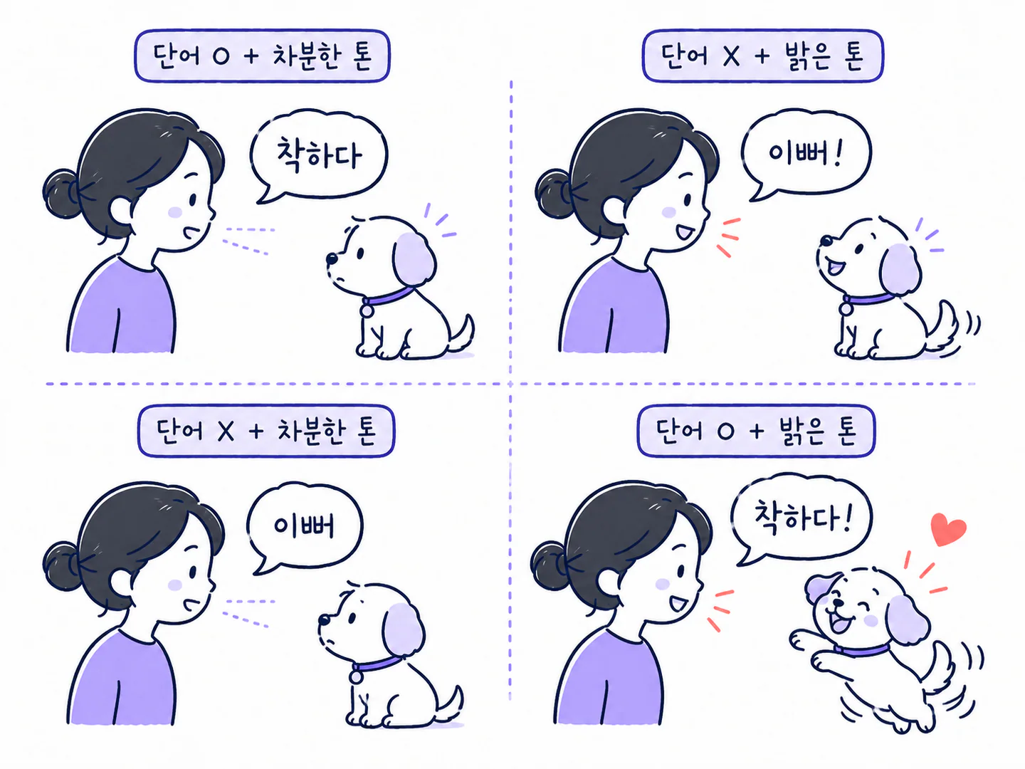 칭찬 단어와 밝거나 차분한 말투 네 가지 조합에 반응하는 강아지