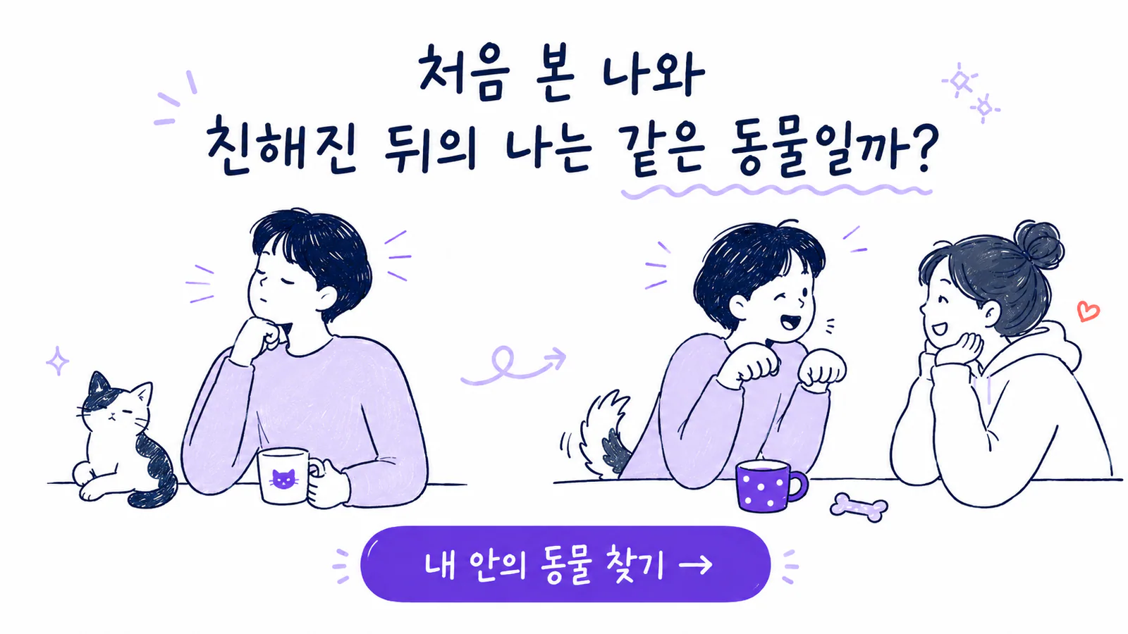 처음 본 모습과 친해진 뒤 달라진 모습을 동물에 빗댄 내 안의 동물 찾기 안내 그림
