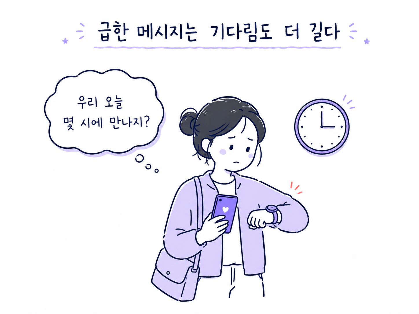가벼운 대화와 오늘 약속 메시지의 기다림을 비교한 그림
