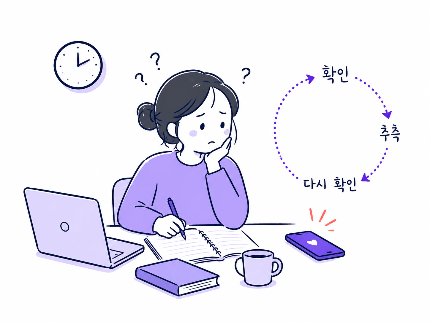 확인하고 추측한 뒤 다시 휴대폰을 확인하는 반복을 표현한 그림