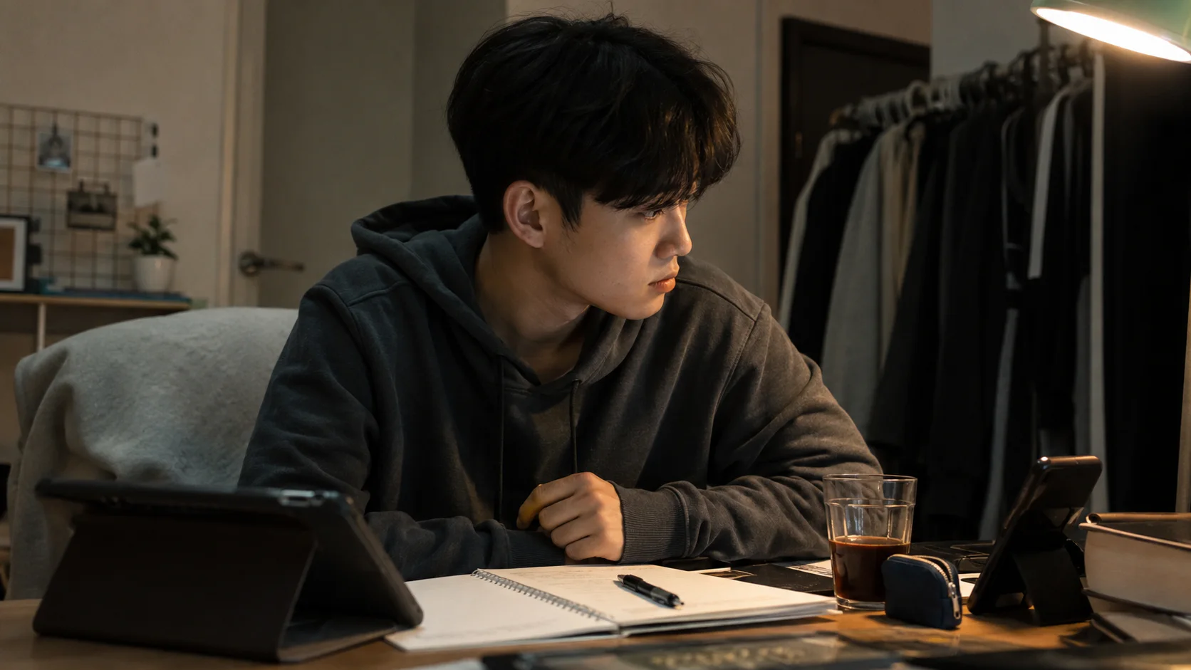 늦은 저녁 책상에서 휴대폰 답장을 기다리는 사람