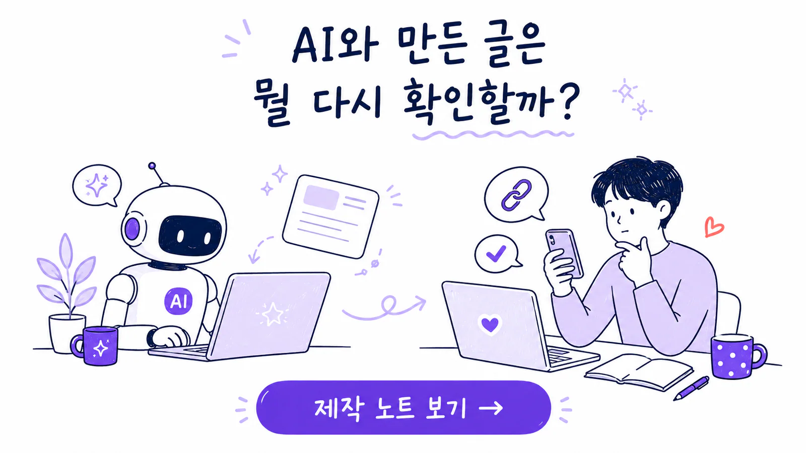 AI가 초안을 만들고 사람이 링크와 모바일 화면을 다시 확인하는 제작 과정 안내 그림