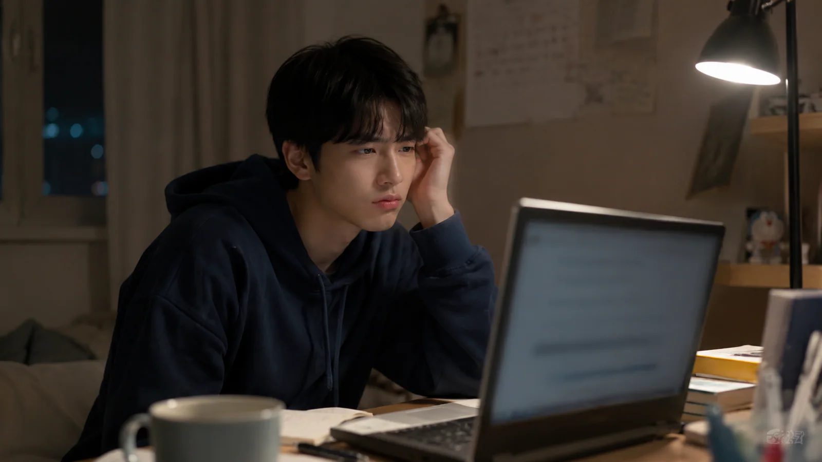 늦은 밤 노트북의 AI 답변과 열리지 않는 출처를 확인하며 고민하는 사람