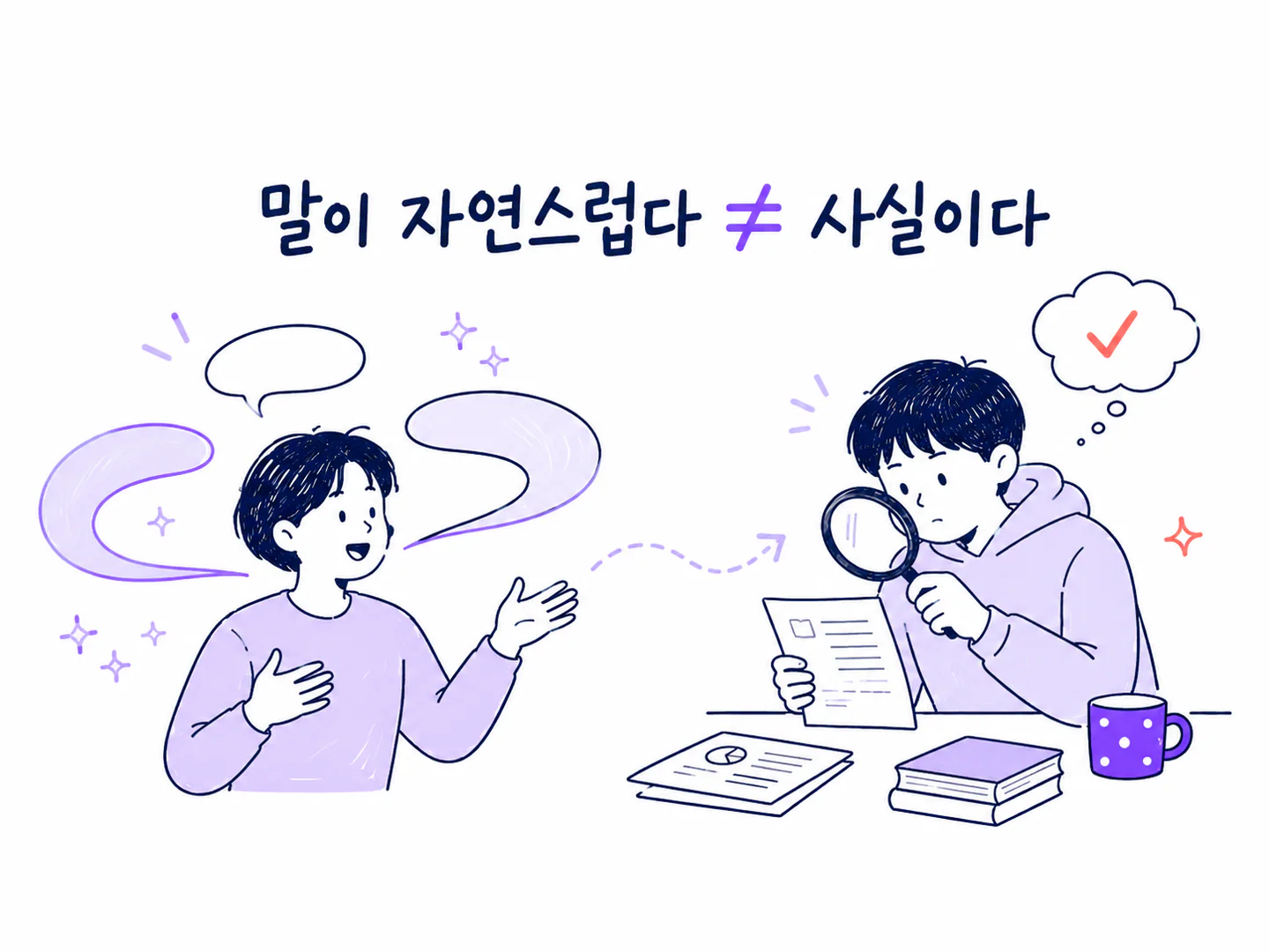 매끄러운 AI 말풍선과 돋보기로 하는 사실 확인을 나란히 비교한 그림
