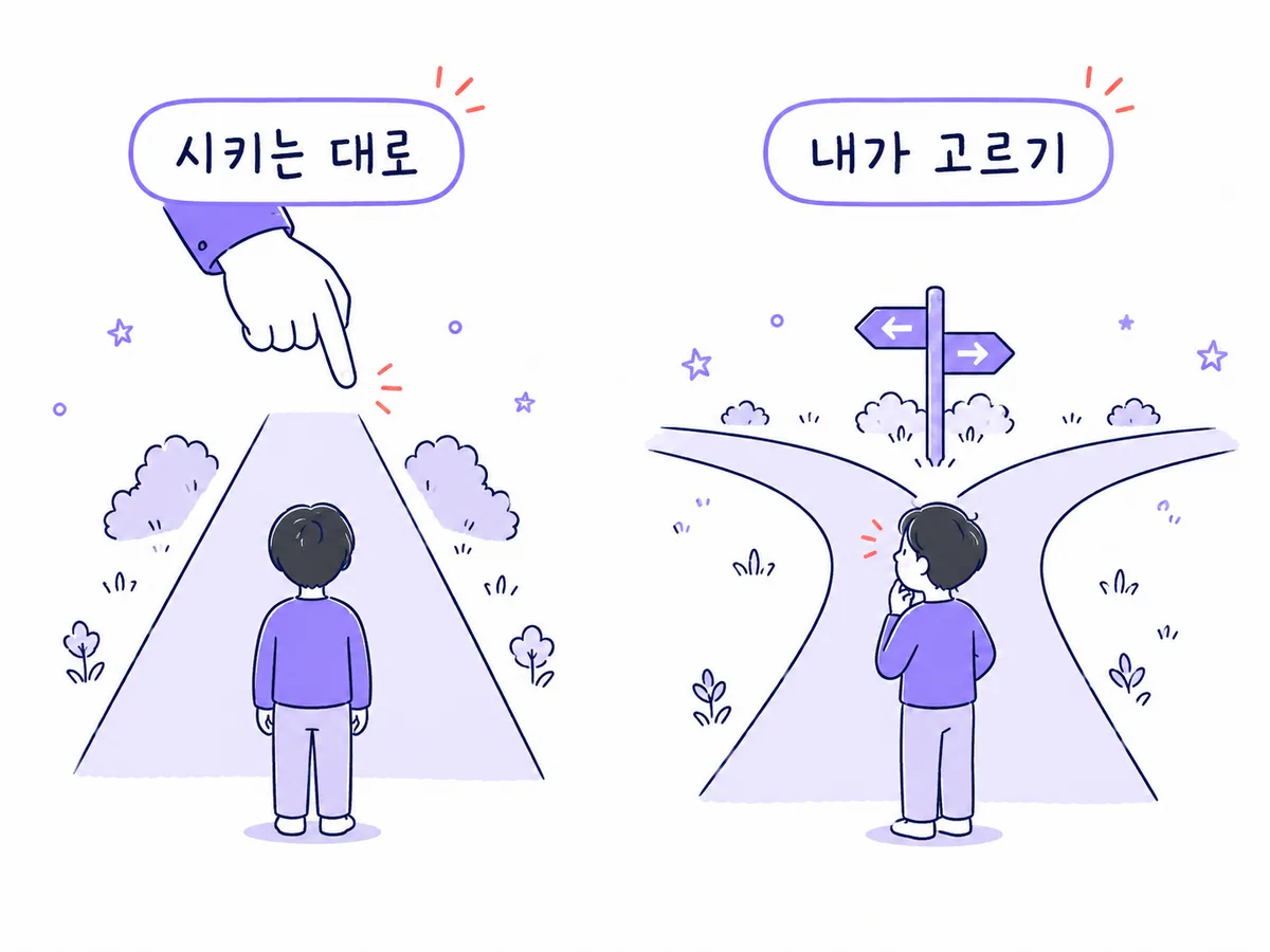 시키는 대로 가는 한 길과 내가 고를 수 있는 두 갈래 길을 비교한 그림