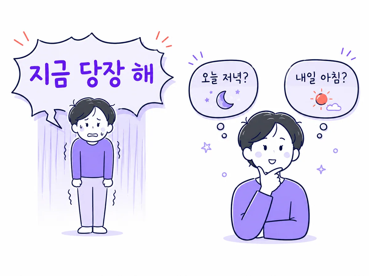 지금 당장 하라는 말과 오늘 저녁 또는 내일 아침 중 고르는 말을 비교한 그림