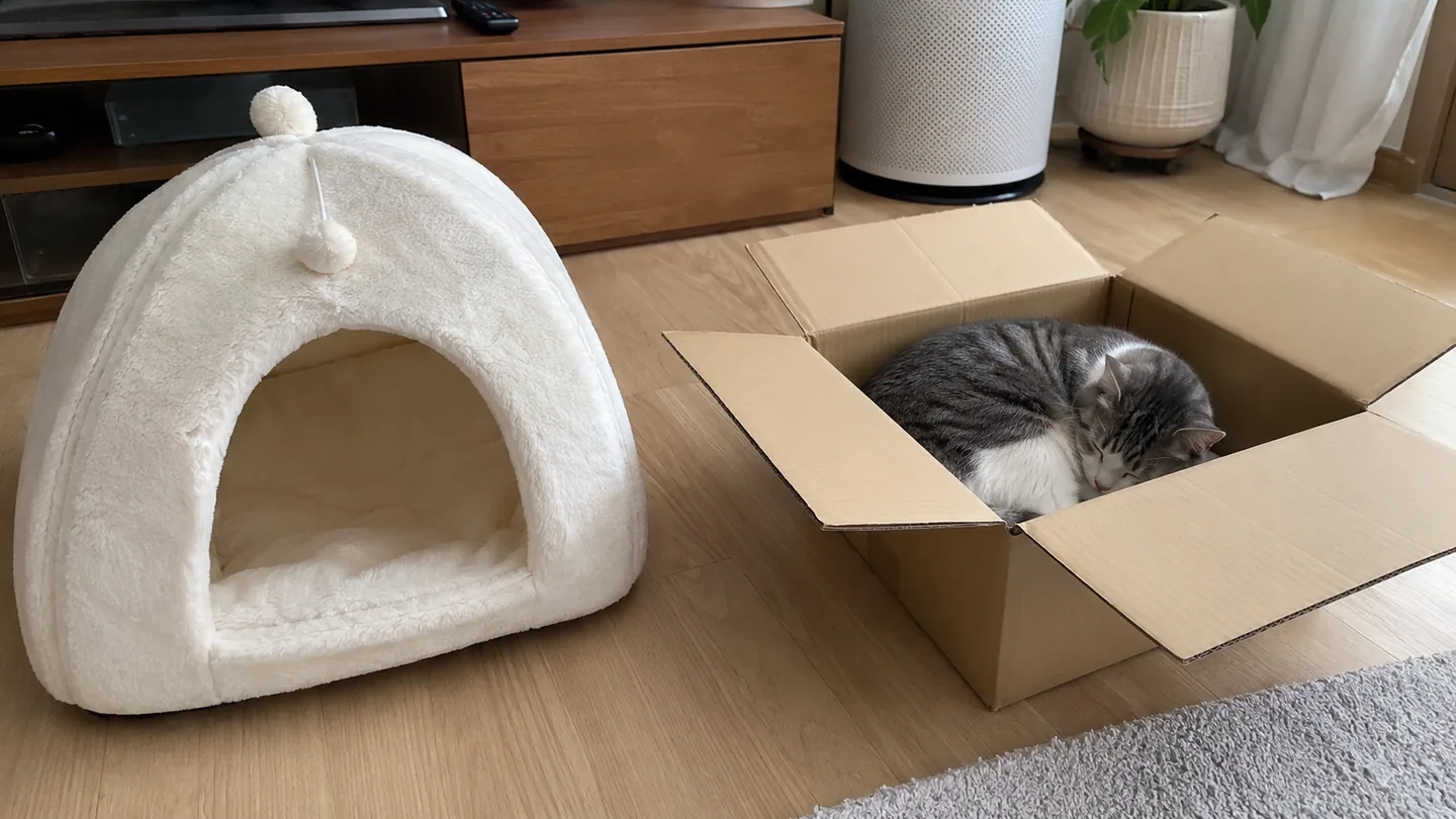 푹신한 고양이 집 옆의 종이 상자 안에 편하게 들어가 있는 고양이