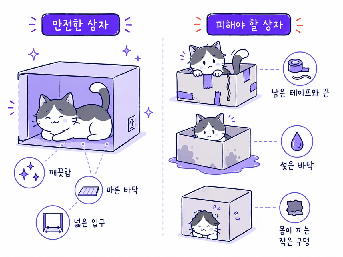 고양이가 쓰기 안전한 상자와 테이프 젖은 바닥 좁은 구멍이 있는 상자를 비교한 그림