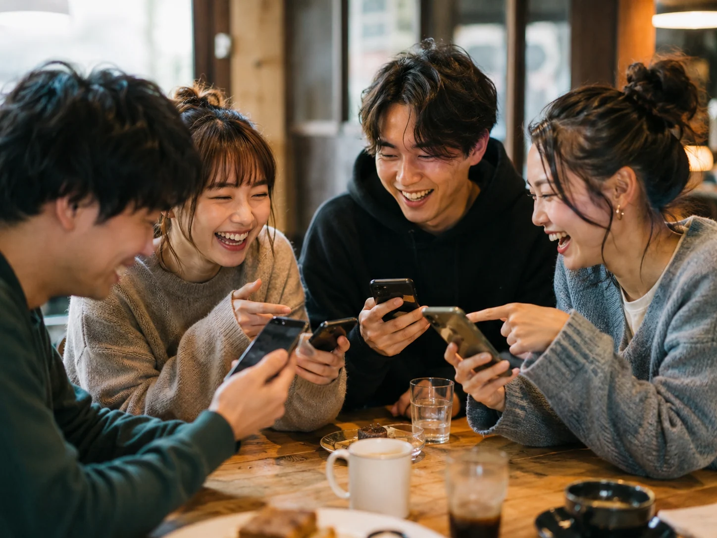 친구들이 성격 테스트 결과를 비교하며 이야기하는 모습