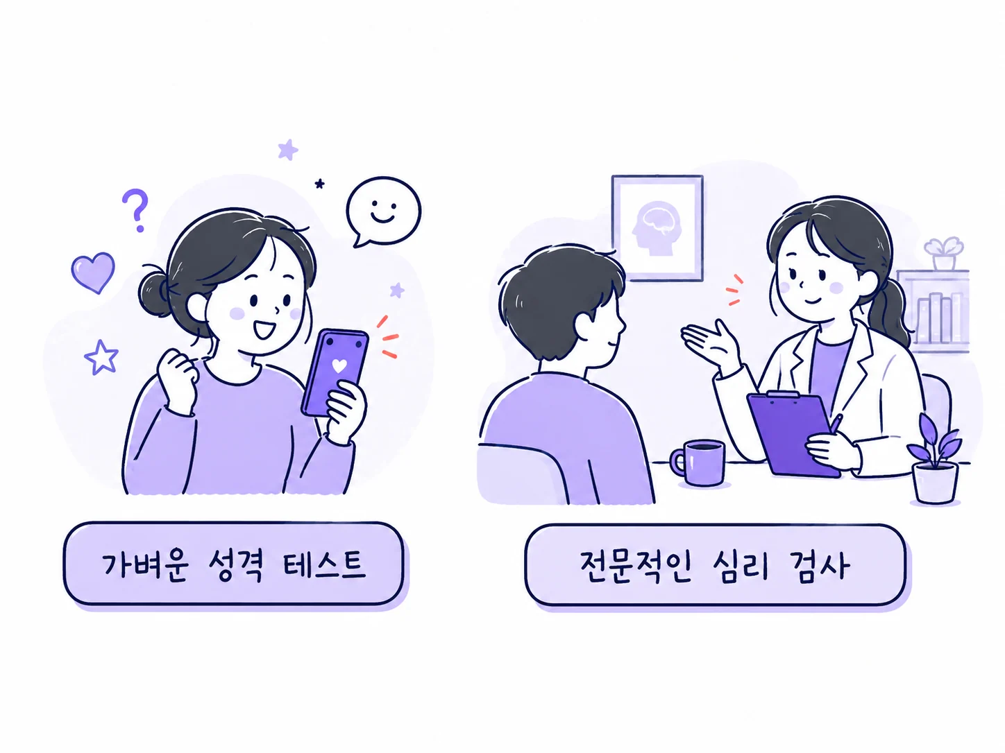 가벼운 성격 테스트와 전문 심리 검사를 비교한 그림