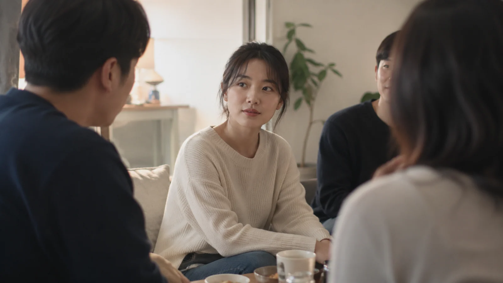 처음 만난 작은 모임에서 조용히 대화를 듣는 사람