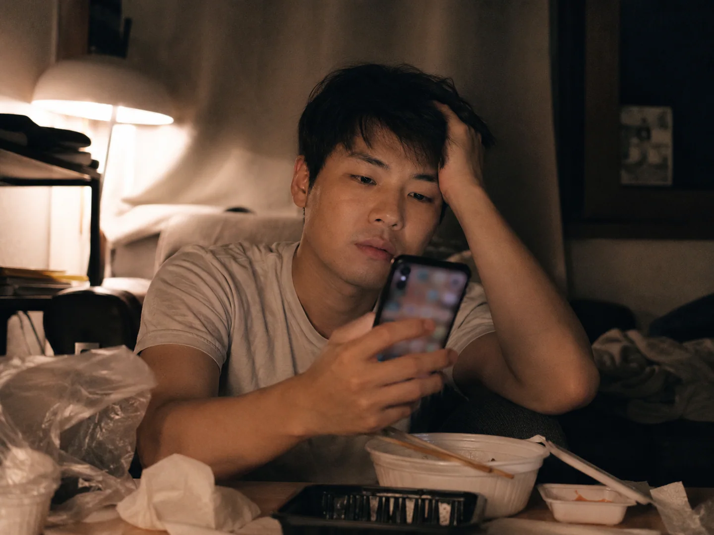 늦은 저녁 많은 배달 메뉴를 오래 넘기다 결정을 못 하고 지친 사람