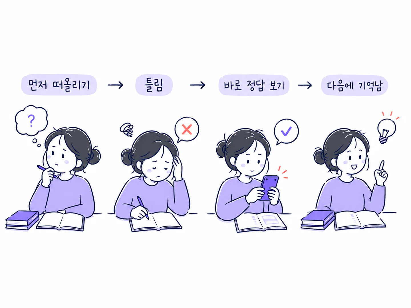답을 떠올리고 틀린 뒤 정답을 확인해 다음에 기억하는 네 단계 흐름