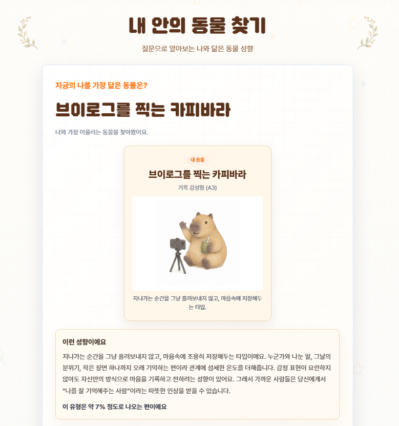 내 안의 동물 찾기 모바일 결과 화면 캡처