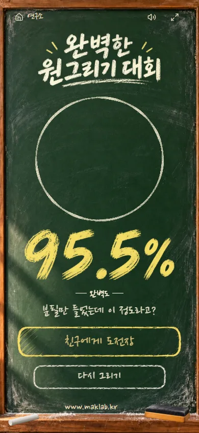 실제로 그린 원과 완벽도, 도전장 버튼이 보이는 결과 화면